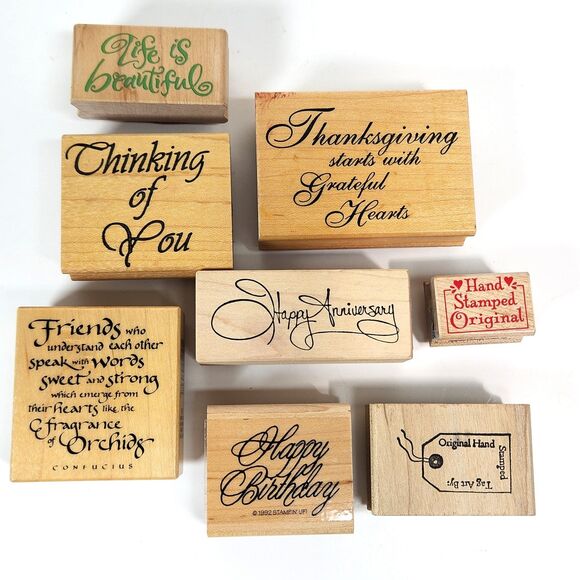 Vintage Rubber Stamps Sentiments Words Lot X 8 Wood Block Crafting - Picture 1 of 6